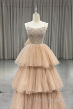 Champagne Tulle Layers Long A-Line Formal Prom Dress, Spaghetti Strap Beaded Evening Dress