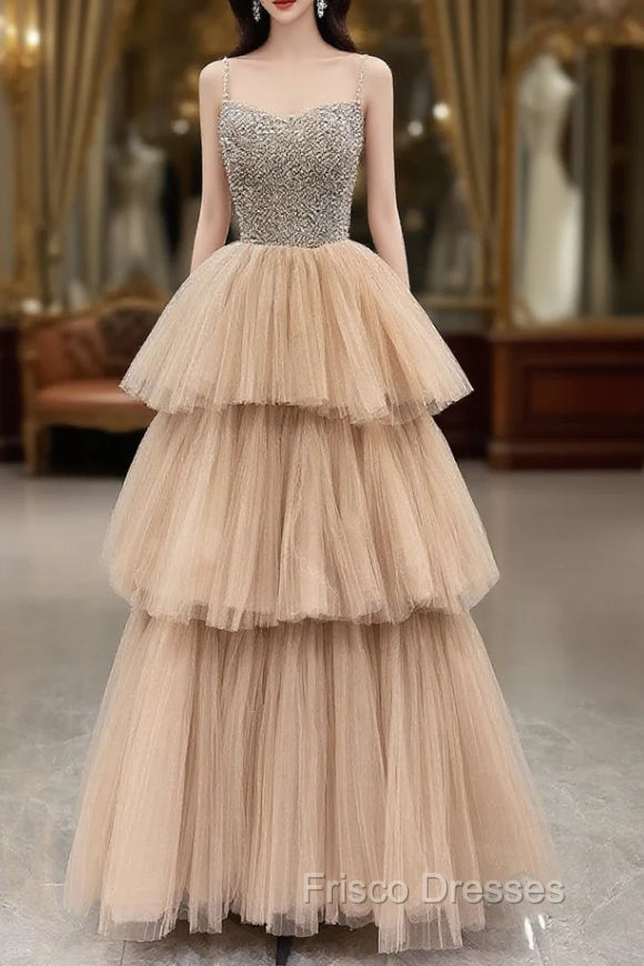 Champagne Tulle Layers Long A-Line Formal Prom Dress, Spaghetti Strap Beaded Evening Dress Main image