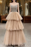 Champagne Tulle Layers Long A-Line Formal Prom Dress, Spaghetti Strap Beaded Evening Dress