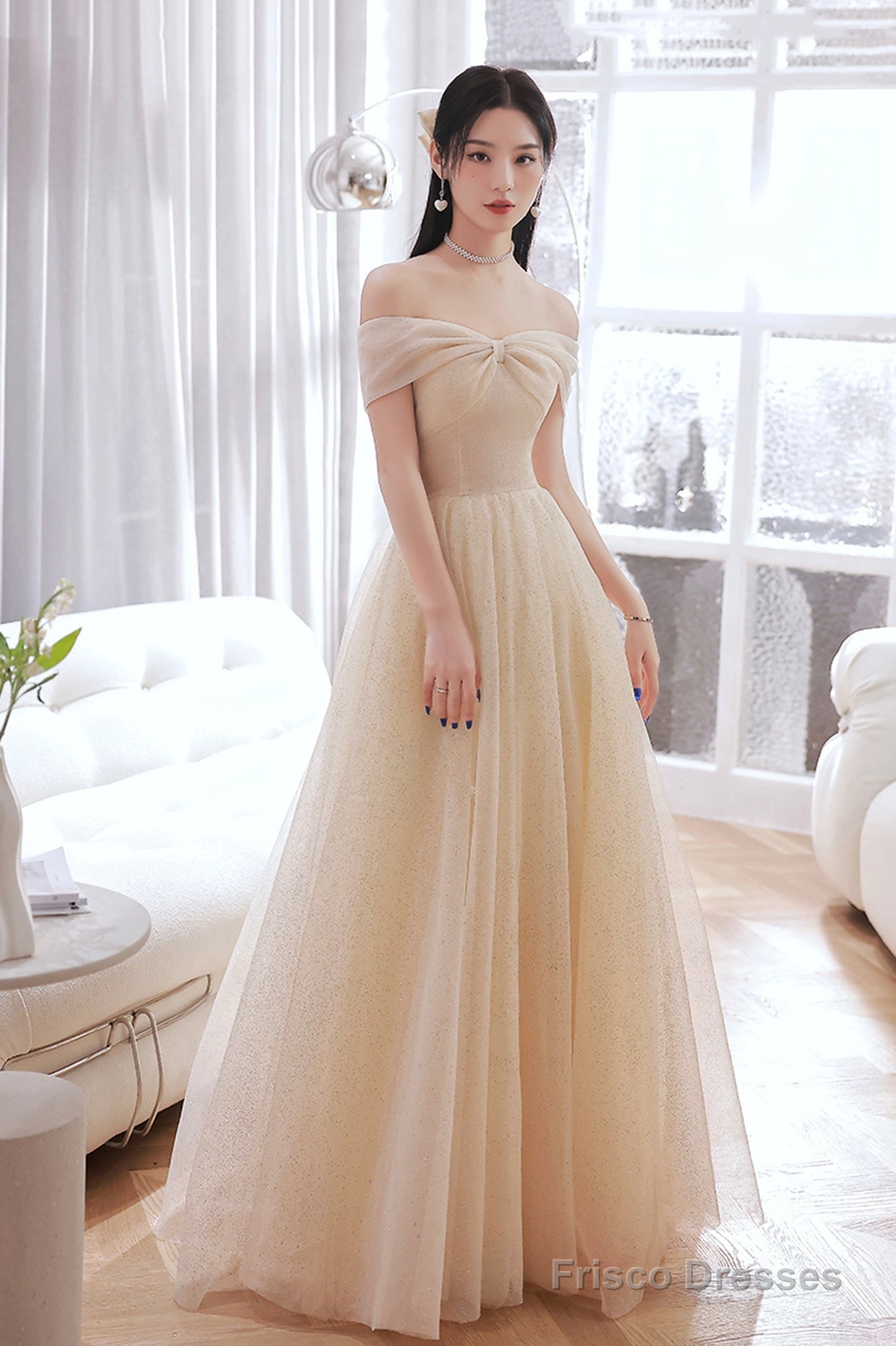 Champagne Tulle Long A-Line Prom Dress, Champagne Off The Shoulder Evening Dress Main image