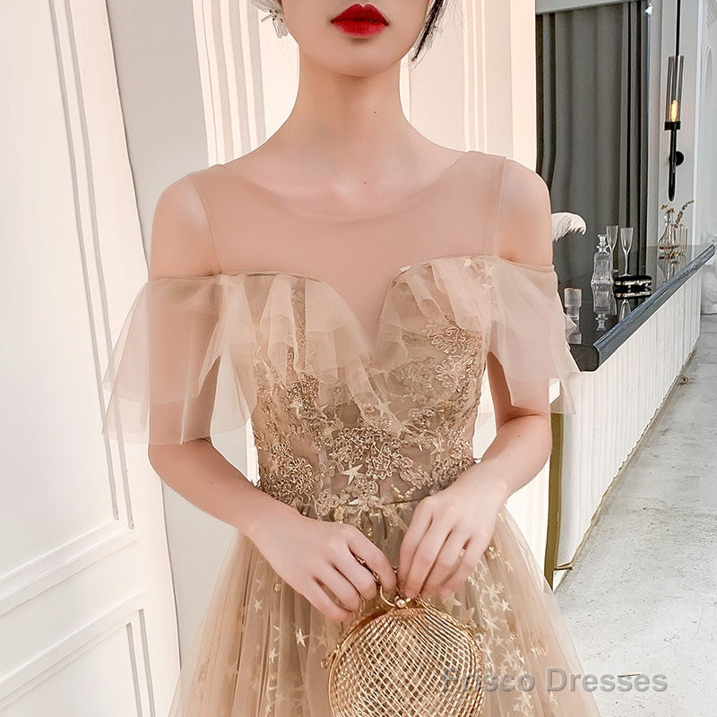 Champagne Tulle Long Party Dress Formal Dress, A-Line Off Shoulder Prom Dress Secondary image