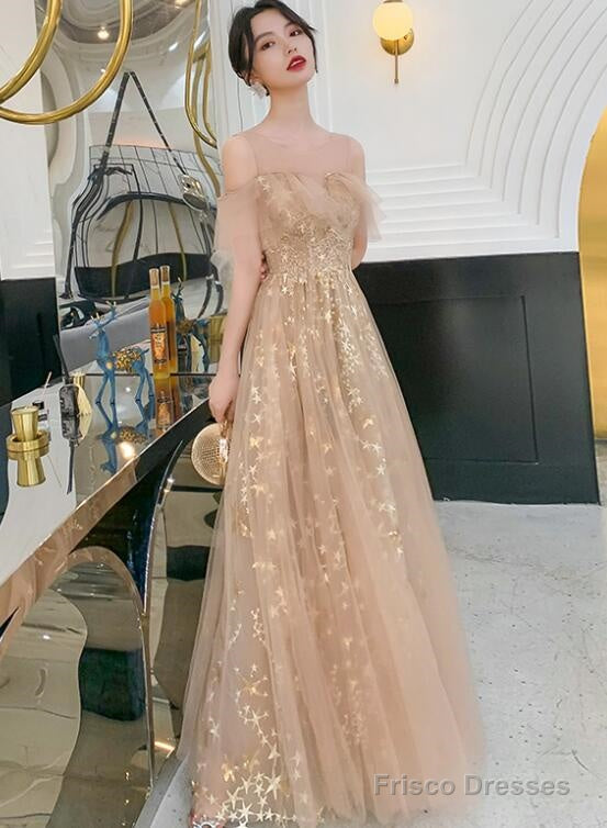 Champagne Tulle Long Party Dress Formal Dress, A-Line Off Shoulder Prom Dress Main image