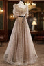 Champagne Tulle Long Party Dress, Short Sleeves A-line Formal Dress Evening Dress