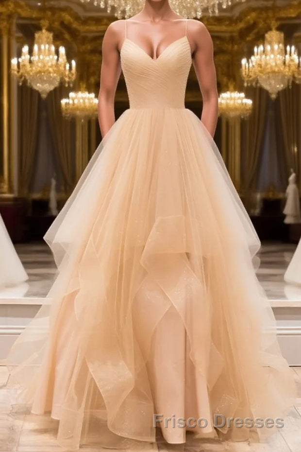 Champagne tulle long Formal Prom Dresses, champagne evening Dresses