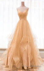 Champagne tulle long Formal Prom Dresses, champagne evening Dresses
