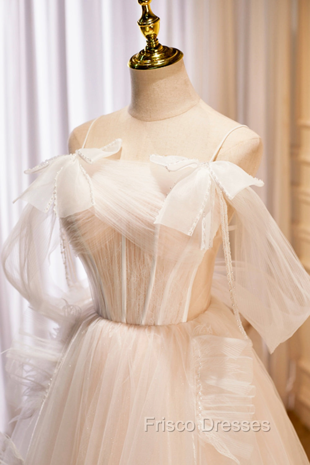 Champagne Tulle Long Formal Prom Dress, Spaghetti Strap Evening Dress with Bow Secondary image