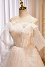 Champagne Tulle Long Formal Prom Dress, Spaghetti Strap Evening Dress with Bow