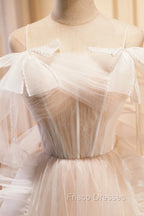 Champagne Tulle Long Formal Prom Dress, Spaghetti Strap Evening Dress with Bow
