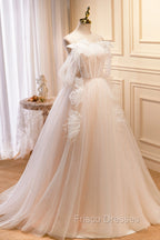 Champagne Tulle Long Formal Prom Dress, Spaghetti Strap Evening Dress with Bow