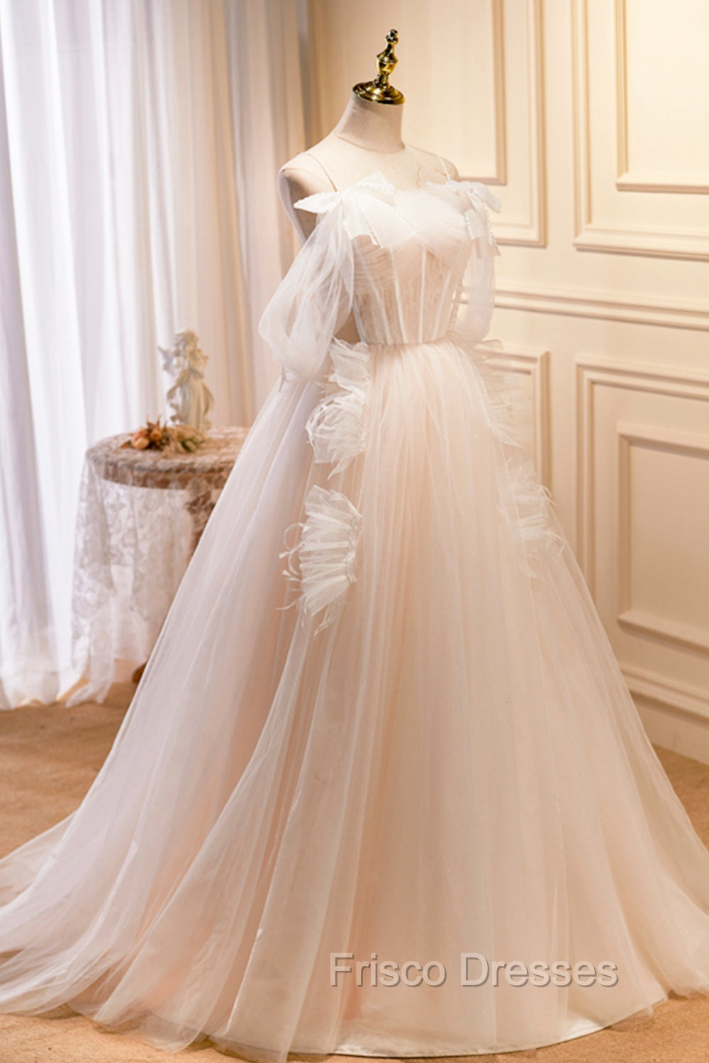 Champagne Tulle Long Formal Prom Dress, Spaghetti Strap Evening Dress with Bow