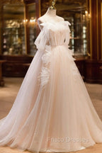 Champagne Tulle Long Formal Prom Dress, Spaghetti Strap Evening Dress with Bow