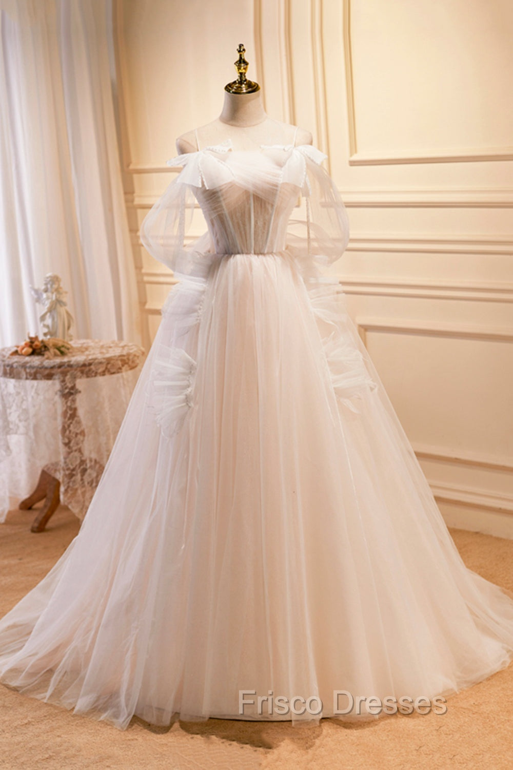 Champagne Tulle Long Formal Prom Dress, Spaghetti Strap Evening Dress with Bow Main image