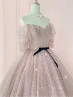 Champagne Tulle Long Formal Prom Dress ,Tulle Lace Evening Dress