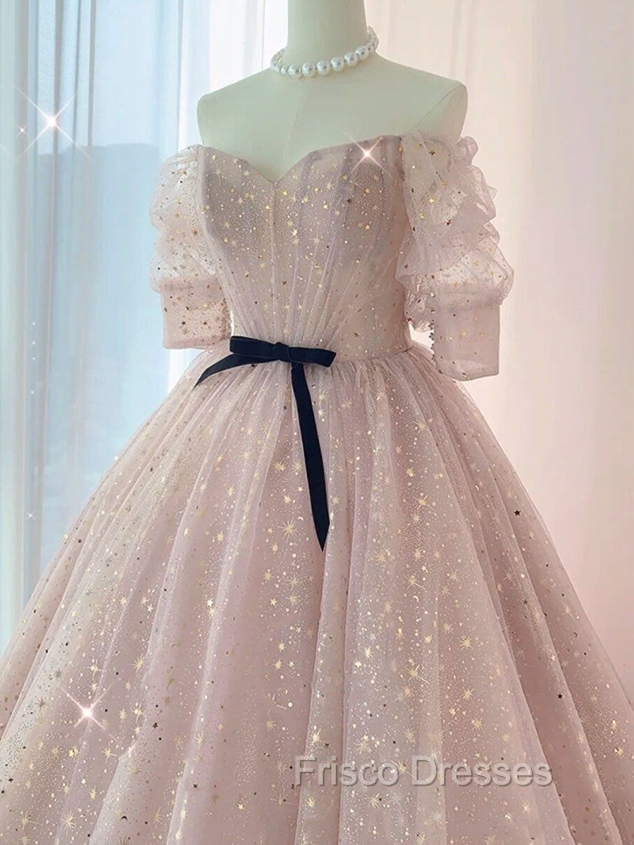 Champagne Tulle Long Formal Prom Dress ,Tulle Lace Evening Dress