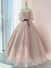 Champagne Tulle Long Formal Prom Dress ,Tulle Lace Evening Dress