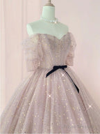 Champagne tulle long prom dress, tulle long evening dress