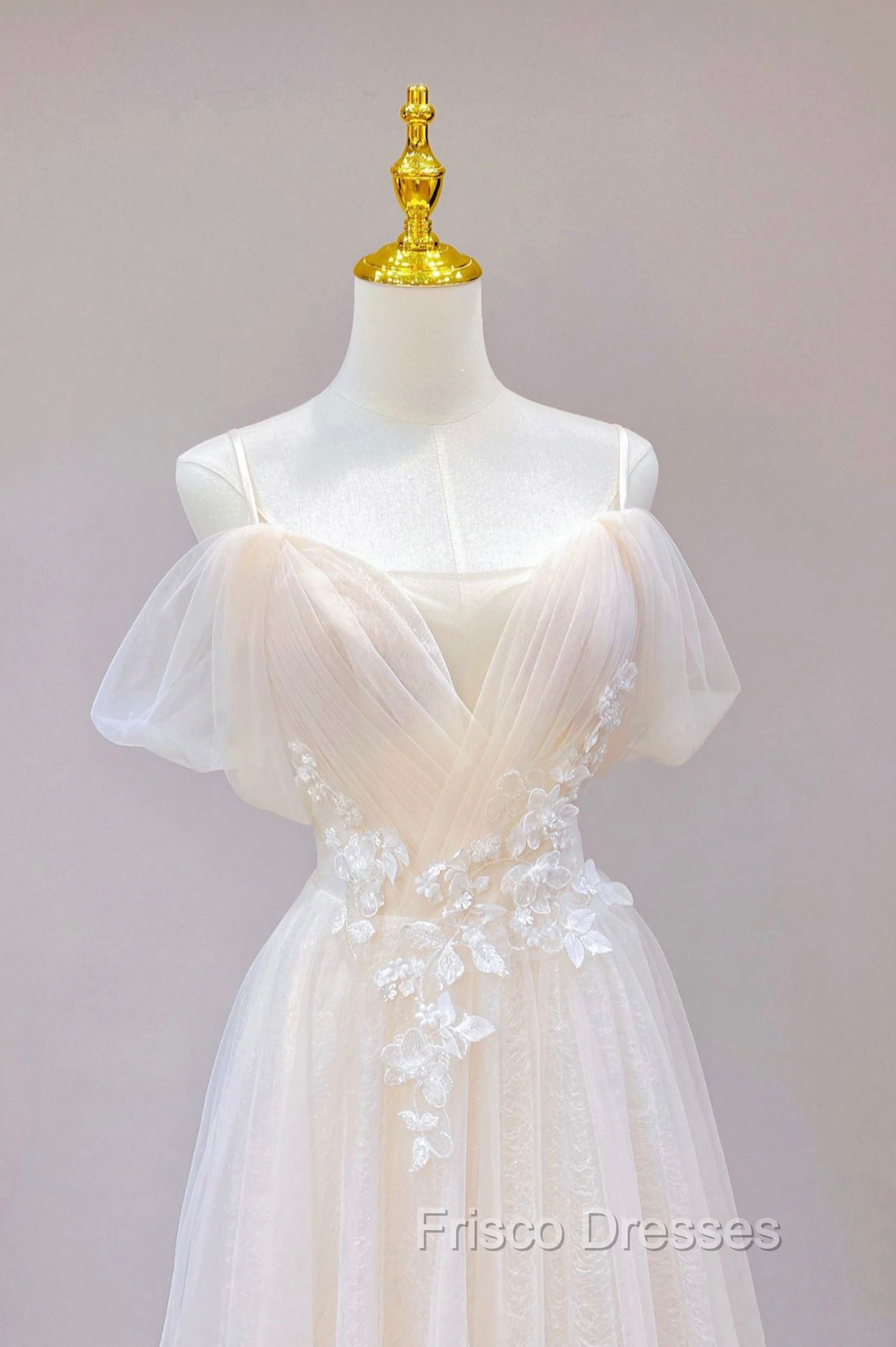 Champagne Tulle Long Formal Prom Dress with Lace, Off the Shoulder Evening Dress Secondary image