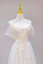 Champagne Tulle Long Formal Prom Dress with Lace, Off the Shoulder Evening Dress