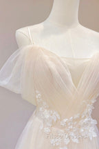 Champagne Tulle Long Formal Prom Dress with Lace, Off the Shoulder Evening Dress