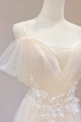 Champagne Tulle Long Formal Prom Dress with Lace, Off the Shoulder Evening Dress