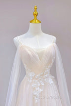 Champagne Tulle Long Formal Prom Dress with Lace, Off the Shoulder Evening Dress