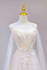 Champagne Tulle Long Formal Prom Dress with Lace, Off the Shoulder Evening Dress