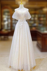 Champagne Tulle Long Formal Prom Dress with Lace, Off the Shoulder Evening Dress