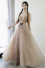 Champagne Tulle Long Prom Dresses, A-Line 1/2 Sleeve Evening Dresses
