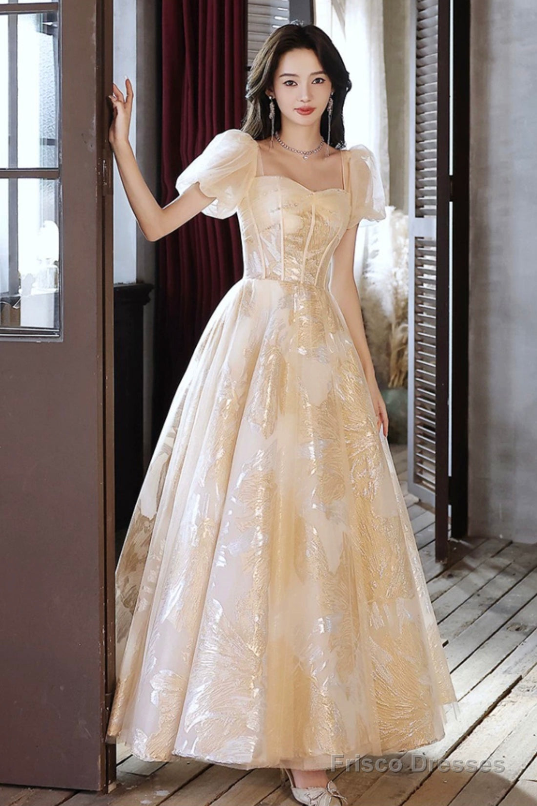 Champagne Tulle Long Prom Dresses, Champagne Short Sleeve Evening Dresses Main image