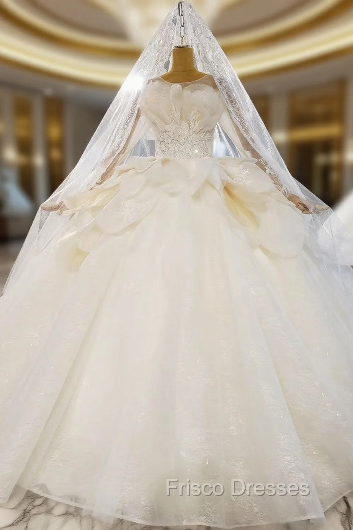 Champagne Tulle Long Sleeve Appliques Beading Wedding Dress Main image