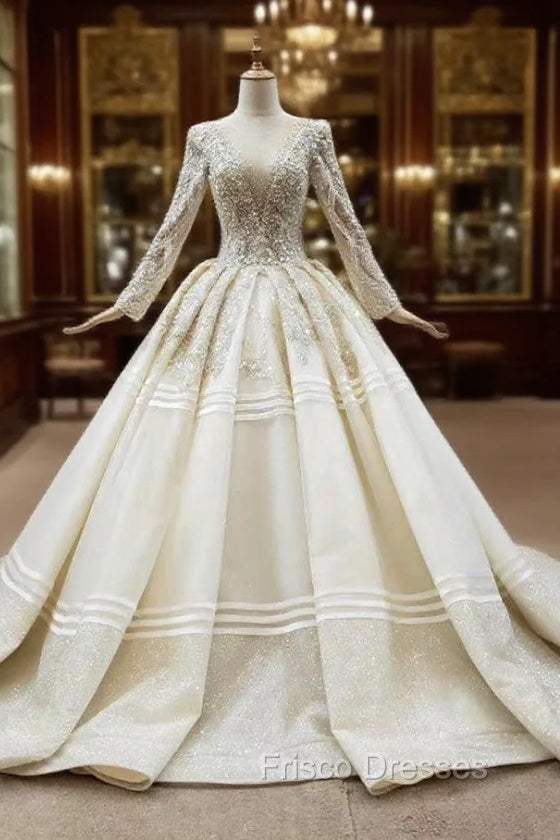 Champagne Tulle Long Sleeve Beading Sequins Backless Wedding Dress Main image