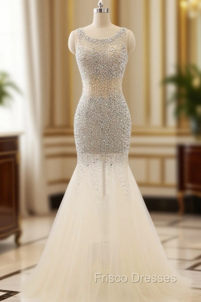 Champagne Tulle Mermaid Tulle Scoop Beaded Formal Prom Dress Main image