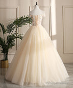 Champagne Tulle Off Shoulder Lace Long Prom Dress ,Sweet 16 Dress