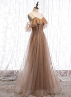Champagne Tulle Off Shoulder Straps A-Line Prom Dress, Long Evening Dress Party Dress