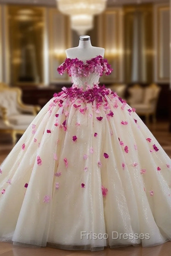 Champagne Tulle Off the Shoulder 3D Flower Beading Formal Prom Dress