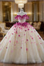 Champagne Tulle Off the Shoulder 3D Flower Beading Formal Prom Dress