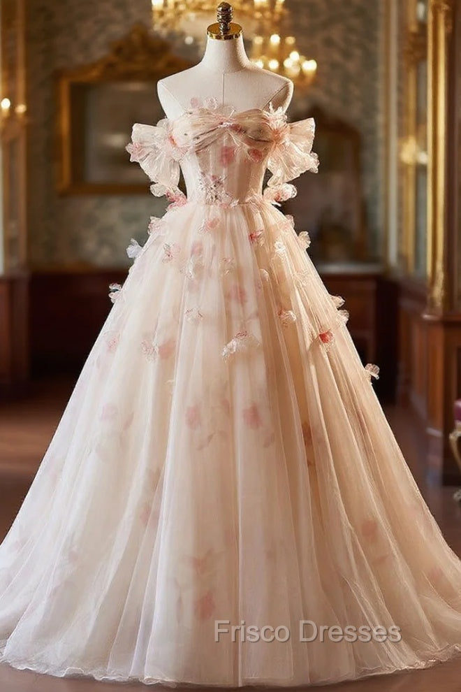 Champagne Tulle Off the Shoulder 3D Flower Formal Prom Dress Main image