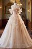 Champagne Tulle Off the Shoulder 3D Flower Formal Prom Dress