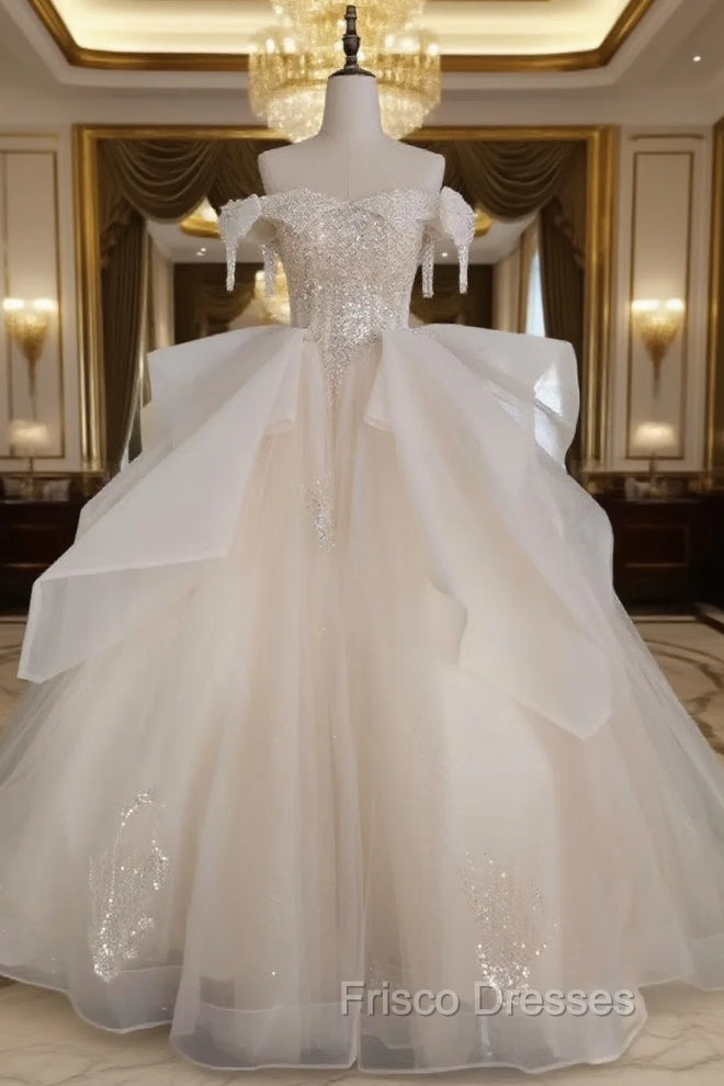 Champagne Tulle Off the Shoulder Appliques Beading Wedding Dress Main image