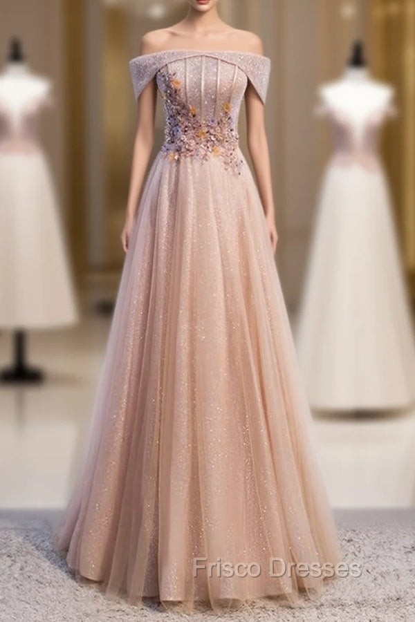 Champagne Tulle Off the Shoulder Beading Formal Prom Dress Main image