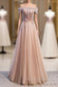 Champagne Tulle Off the Shoulder Beading Formal Prom Dress