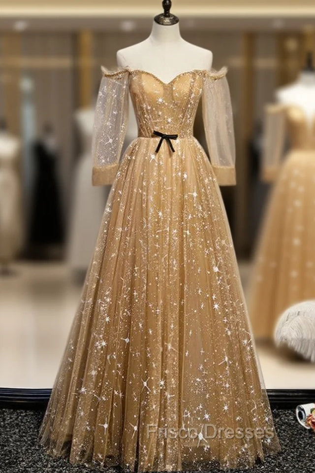 Champagne Tulle Off the Shoulder Embroidery Long Sleeve Formal Prom Dress