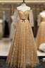 Champagne Tulle Off the Shoulder Embroidery Long Sleeve Formal Prom Dress