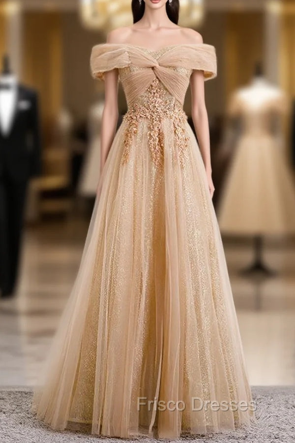 Champagne Tulle Off the Shoulder Embroidery Off the Shoulder Formal Prom Dress Main image