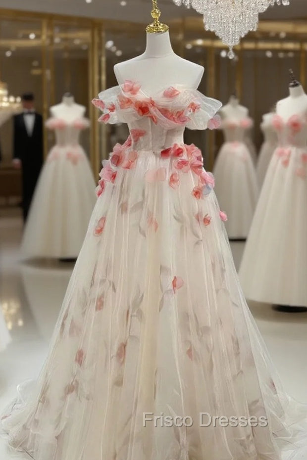 Champagne Tulle Off the Shoulder Flower Princess Formal Prom Dres