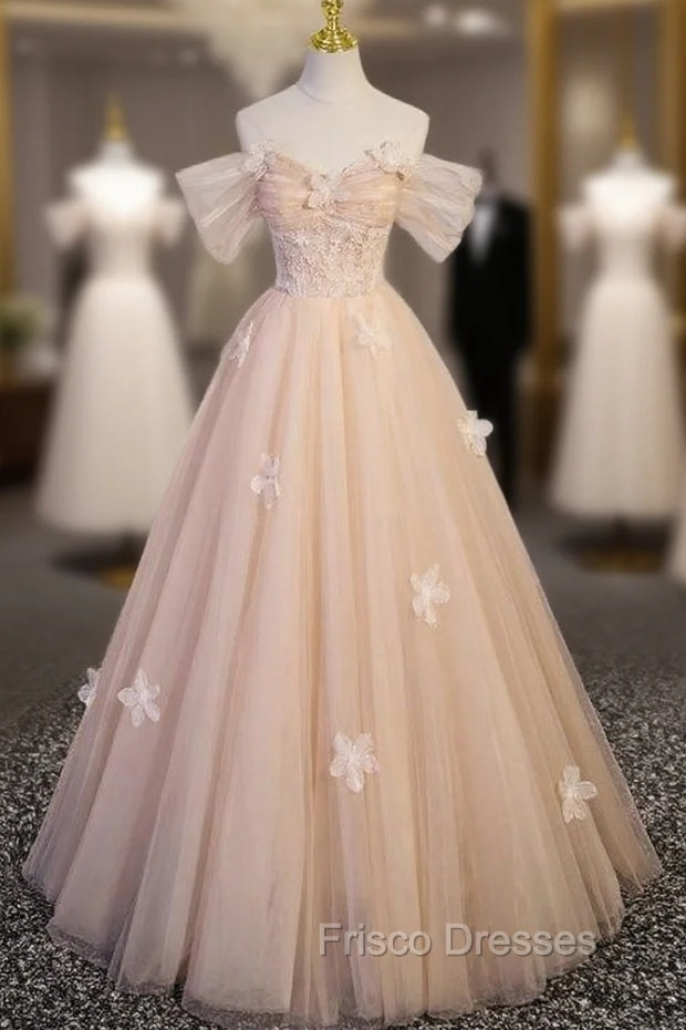 Champagne Tulle Off the Shoulder Flower Formal Prom Dress
