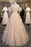Champagne Tulle Off the Shoulder Flower Formal Prom Dress