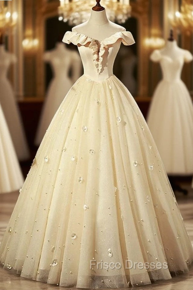 Champagne Tulle Off the Shoulder Flower Quinceanera Dress Main image