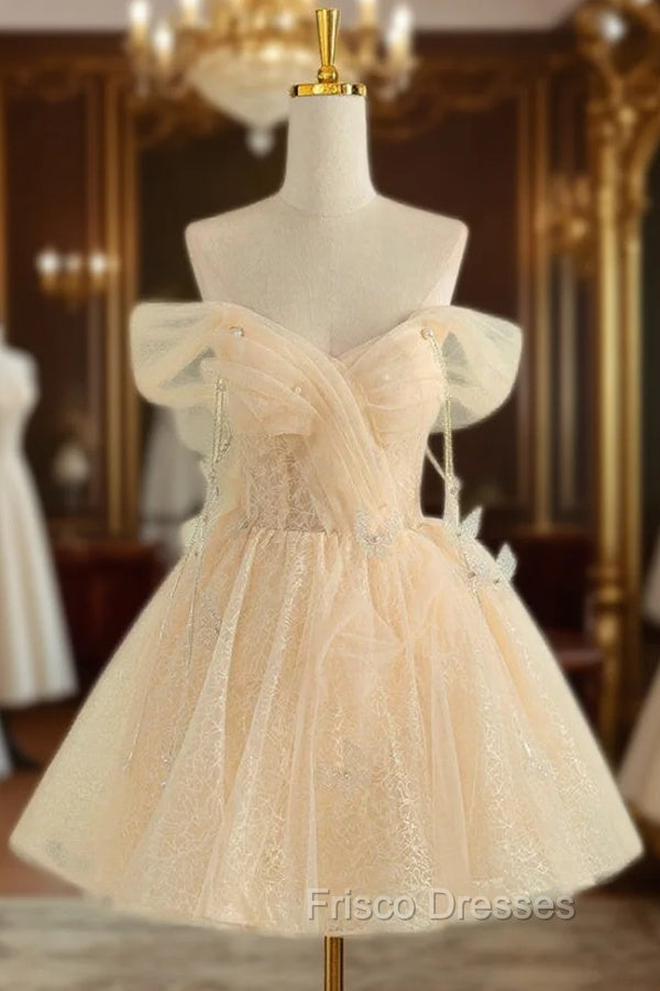 Champagne Tulle Off the Shoulder Pleats Homecoming Dress