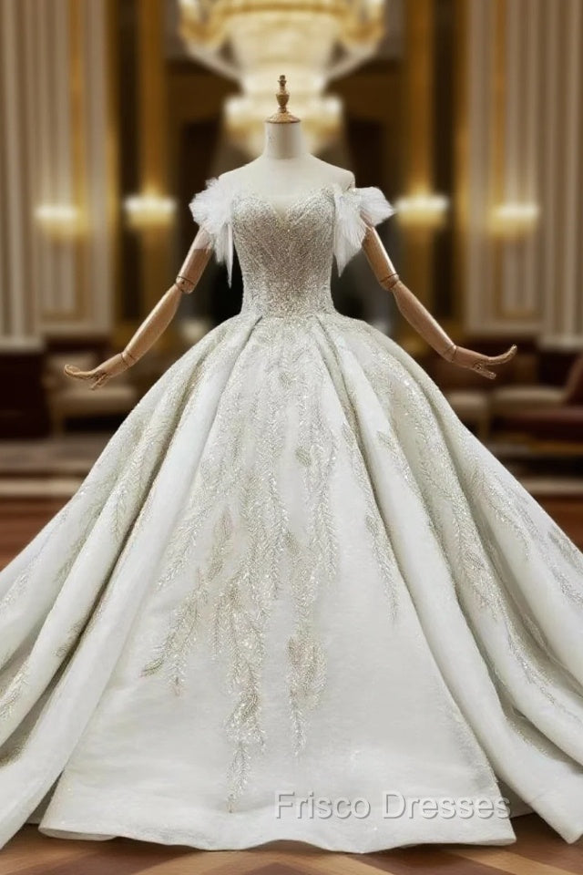 Champagne Tulle Off the Shoulder Sequins Appliques Wedding Dress Main image